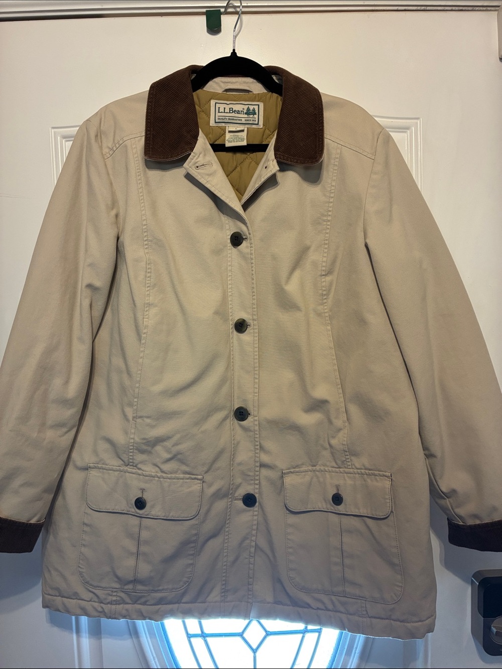 L.L. Bean Women's Winter Lined Cream Trench Barn Coat with Brown Corduroy Collar